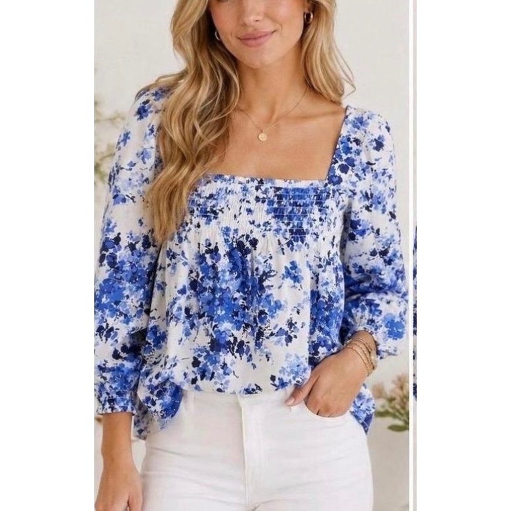 NWT! $155 TUCKERNUCK Blue Floral Smocked Preppy Cottagecore Boho Blouse SMALL